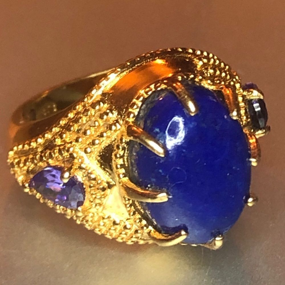KARIS STS ORNATE TRIPLE‎ BLUE LAPIS Gold TONE W/ Amethyst RING SZ 4.75